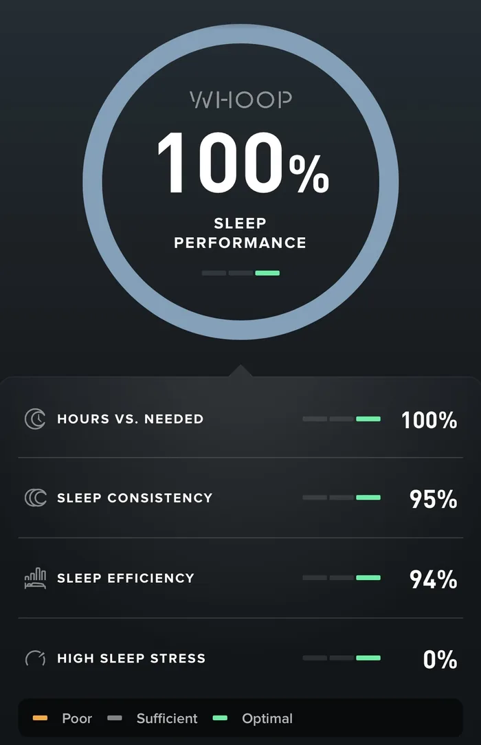 Whoop: sleep performance 100 %, sleep consistency 95 %, sleep efficiency 94 %